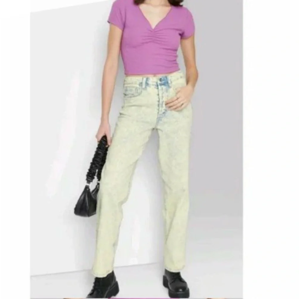 New Wild Fable Lime Green Acid Wash High Rise 90’s Straight Leg Jeans Size 00 24 - Picture 3 of 14